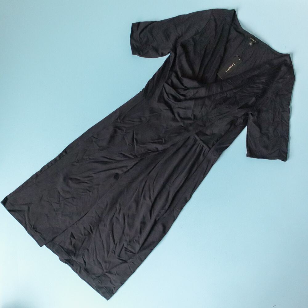 NWT Talbots Black Faux Wrap Sheath Dress Size Large Nylon Stretch Fit Cocktail